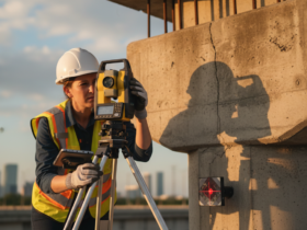 Profissional de engenharia realizando medições topográficas com tripé e equipamento de precisão em uma rodovia