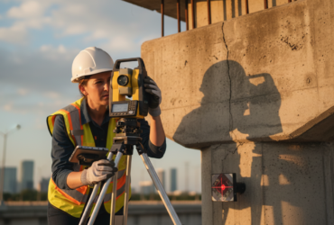 Profissional de engenharia realizando medições topográficas com tripé e equipamento de precisão em uma rodovia