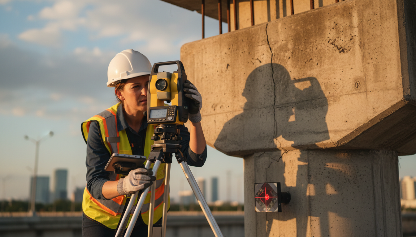 Profissional de engenharia realizando medições topográficas com tripé e equipamento de precisão em uma rodovia