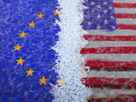Ilustração conceitual mostrando a divisão diplomática entre a União Europeia e os Estados Unidos com um efeito de congelamento.