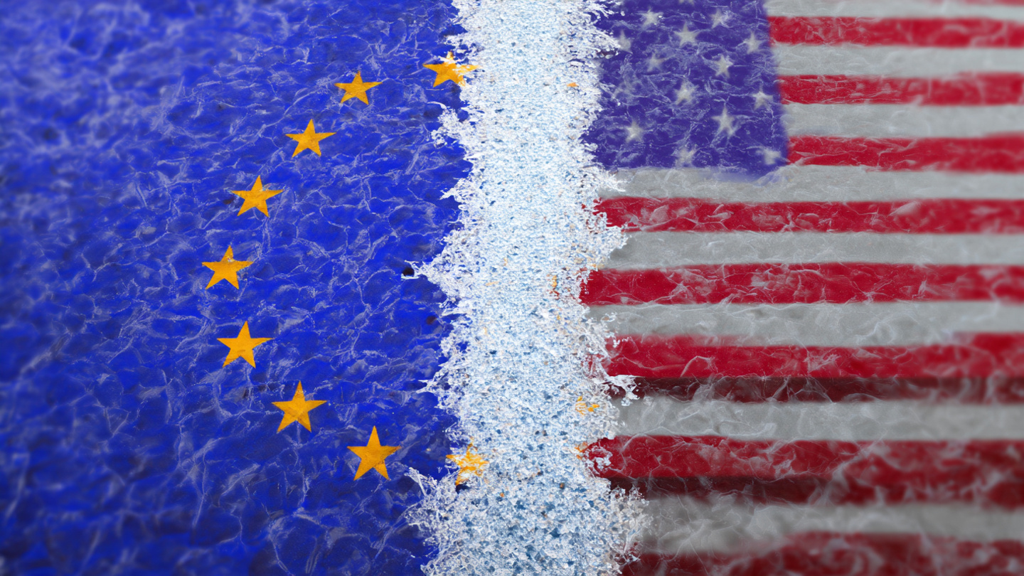 Ilustração conceitual mostrando a divisão diplomática entre a União Europeia e os Estados Unidos com um efeito de congelamento.