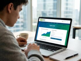 Estudante acessando as notas do Enem 2025 em um notebook para conferir o resultado individual e planejar a inscrição no Sisu e Prouni
