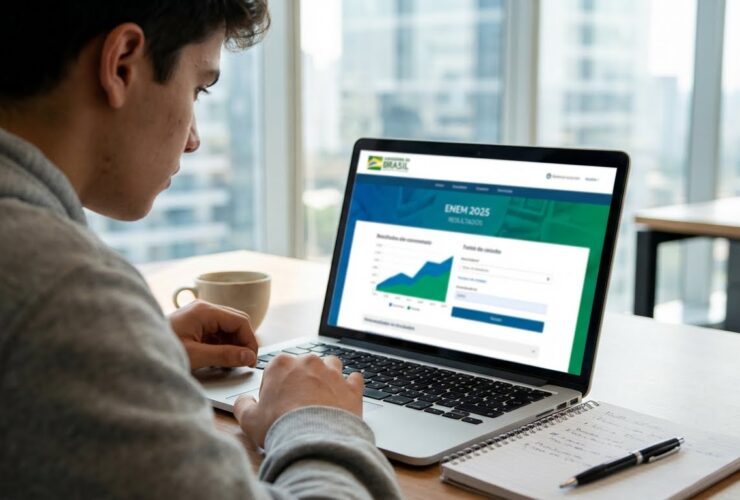 Estudante acessando as notas do Enem 2025 em um notebook para conferir o resultado individual e planejar a inscrição no Sisu e Prouni