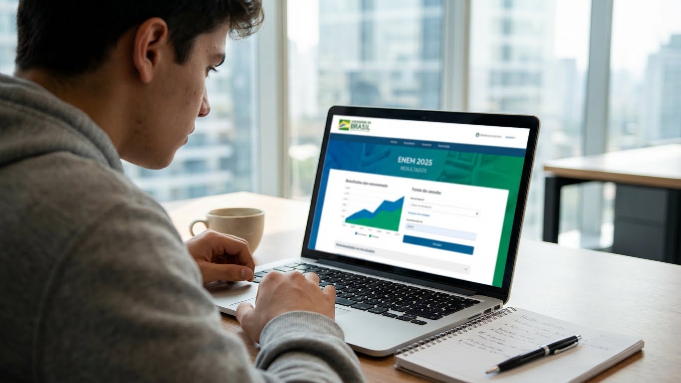 Estudante acessando as notas do Enem 2025 em um notebook para conferir o resultado individual e planejar a inscrição no Sisu e Prouni