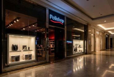 Fachada de uma loja Polishop em um shopping luxuoso com iluminação dramática, simbolizando o contraste entre o sucesso e o desafio atual