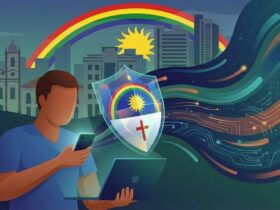 Ilustração editorial representando um cidadão brasileiro em Pernambuco protegendo seus dados pessoais após um vazamento de informações.