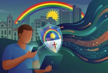 Ilustração editorial representando um cidadão brasileiro em Pernambuco protegendo seus dados pessoais após um vazamento de informações.