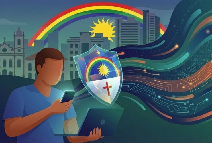 Ilustração editorial representando um cidadão brasileiro em Pernambuco protegendo seus dados pessoais após um vazamento de informações.