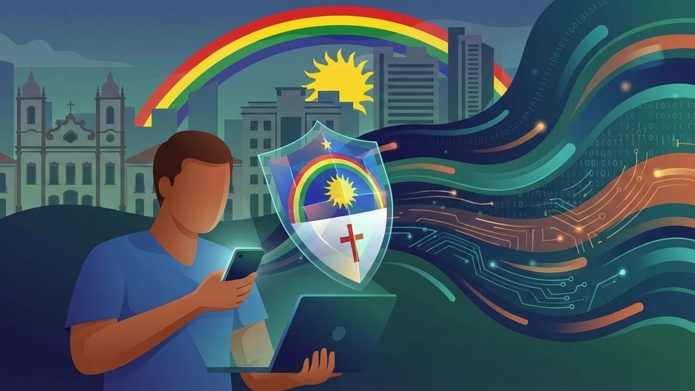 Ilustração editorial representando um cidadão brasileiro em Pernambuco protegendo seus dados pessoais após um vazamento de informações.