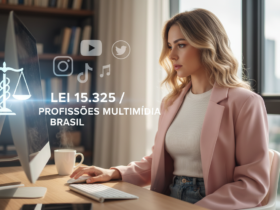 Ilustração de influenciador digital trabalhando ao computador com símbolos de redes sociais e balança da justiça representando a Lei 15.325 de profissão de multimídia no Brasil