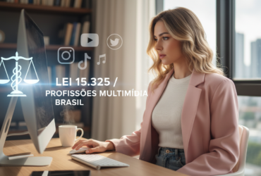 Ilustração de influenciador digital trabalhando ao computador com símbolos de redes sociais e balança da justiça representando a Lei 15.325 de profissão de multimídia no Brasil