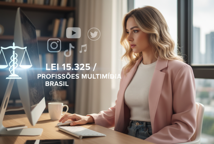 Ilustração de influenciador digital trabalhando ao computador com símbolos de redes sociais e balança da justiça representando a Lei 15.325 de profissão de multimídia no Brasil
