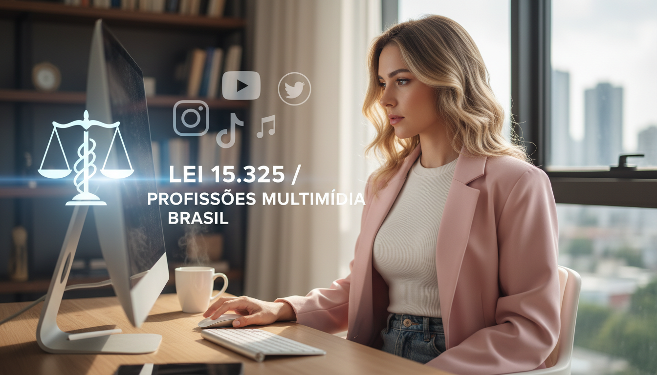 Ilustração de influenciador digital trabalhando ao computador com símbolos de redes sociais e balança da justiça representando a Lei 15.325 de profissão de multimídia no Brasil