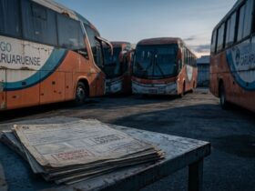 Ônibus da frota Logo Caruaruense estacionados com documentos de vistoria vencida representando irregularidades que levaram ao encerramento