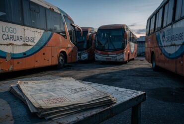 Ônibus da frota Logo Caruaruense estacionados com documentos de vistoria vencida representando irregularidades que levaram ao encerramento