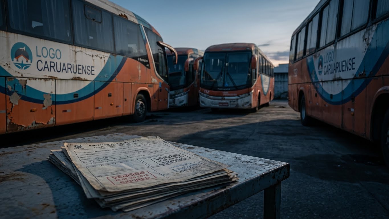 Ônibus da frota Logo Caruaruense estacionados com documentos de vistoria vencida representando irregularidades que levaram ao encerramento