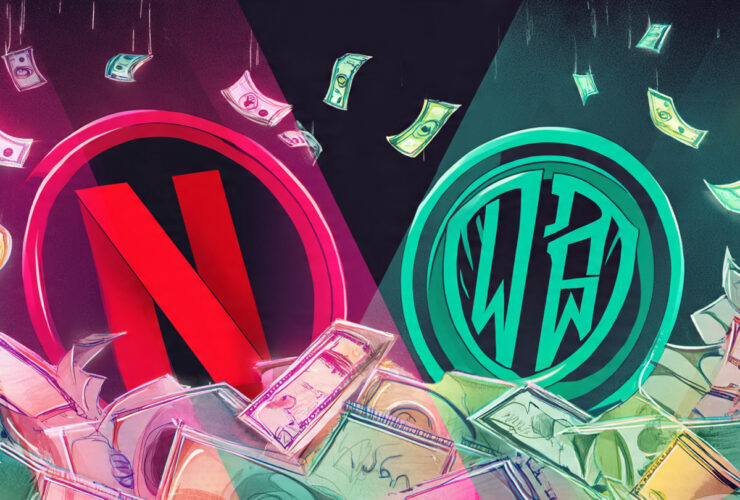 Ilustração conceitual sobre o bilionário acordo Warner e Netflix envolvendo cifras astronômicas.