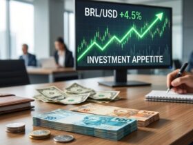 Foto realista de cédulas de real em destaque à frente de dólares desfocados, com gráfico de linha em alta em um notebook, simbolizando a queda do dólar e a valorização do real em 2026