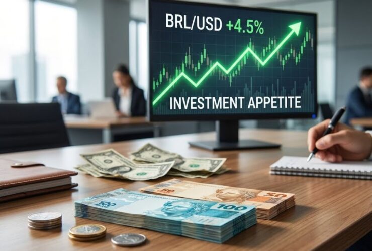 Foto realista de cédulas de real em destaque à frente de dólares desfocados, com gráfico de linha em alta em um notebook, simbolizando a queda do dólar e a valorização do real em 2026