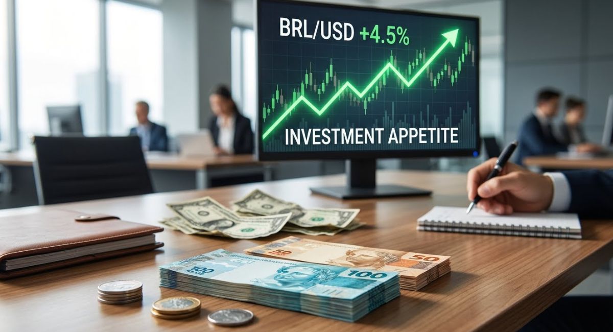 Foto realista de cédulas de real em destaque à frente de dólares desfocados, com gráfico de linha em alta em um notebook, simbolizando a queda do dólar e a valorização do real em 2026