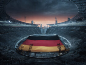 Estádio com bandeira alemã simbolizando a discussão sobre o boicote à Copa do Mundo de 2026.