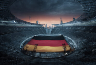 Estádio com bandeira alemã simbolizando a discussão sobre o boicote à Copa do Mundo de 2026.