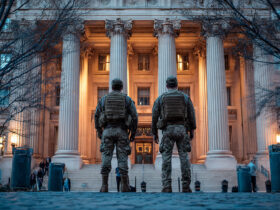 Agentes do governo dos Estados Unidos em frente a edifício oficial durante o período de shutdown e impasse orçamentário