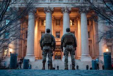 Agentes do governo dos Estados Unidos em frente a edifício oficial durante o período de shutdown e impasse orçamentário