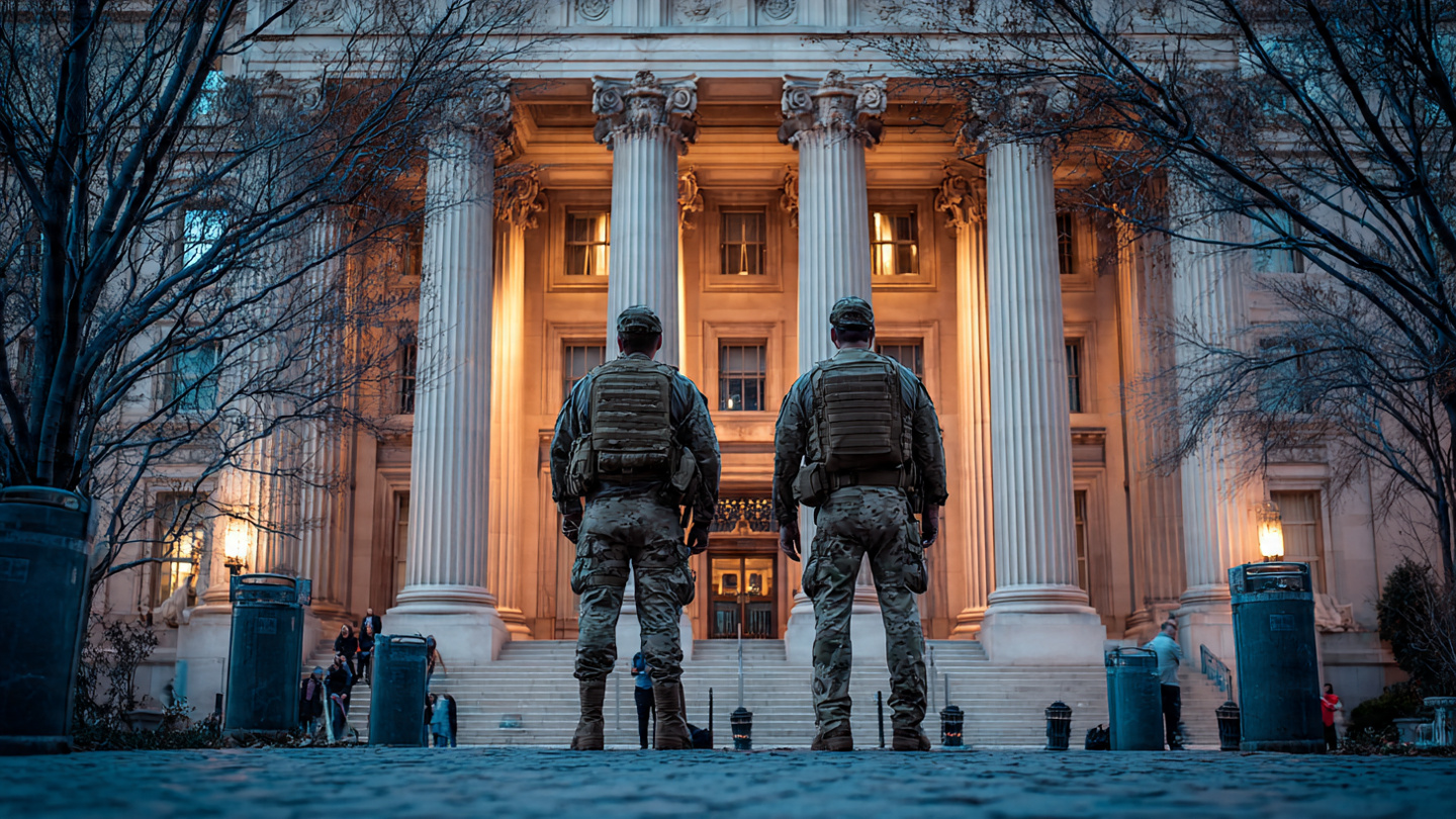 Agentes do governo dos Estados Unidos em frente a edifício oficial durante o período de shutdown e impasse orçamentário