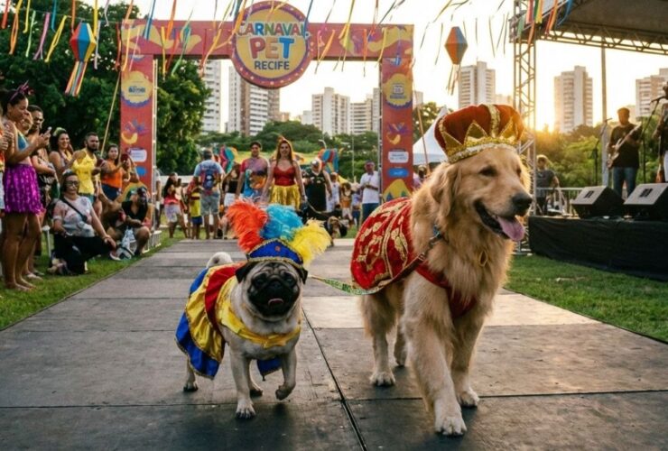 Cães participando do Carnaval para pets no ParCão do Shopping Recife