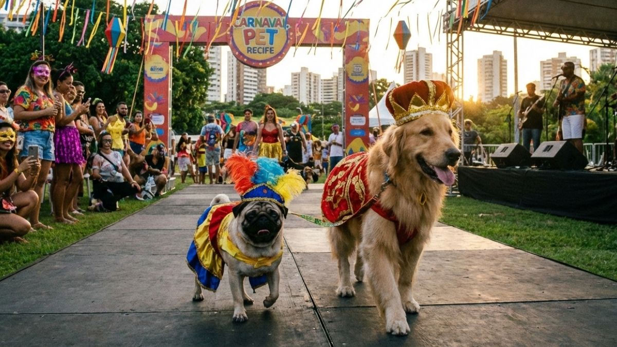 Cães participando do Carnaval para pets no ParCão do Shopping Recife