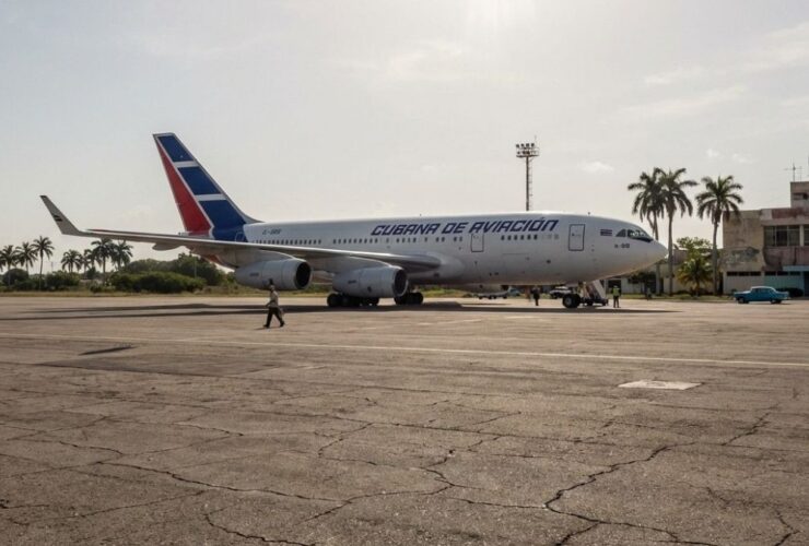 Aeronave comercial em pátio aeroportuário durante crise de combustível de aviação em Cuba.