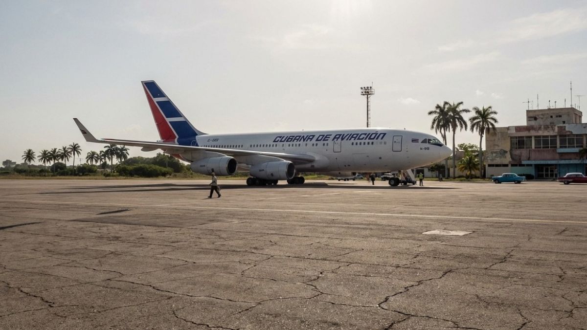 Aeronave comercial em pátio aeroportuário durante crise de combustível de aviação em Cuba.