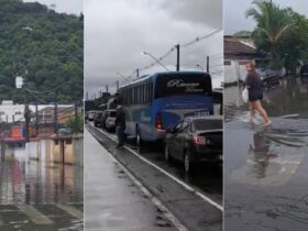 Ruas inundadas durante forte temporal no Litoral de São Paulo afetando o trânsito local
