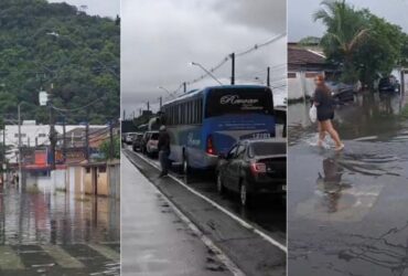 Ruas inundadas durante forte temporal no Litoral de São Paulo afetando o trânsito local