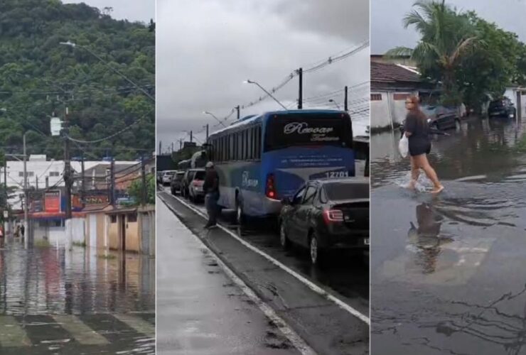 Ruas inundadas durante forte temporal no Litoral de São Paulo afetando o trânsito local