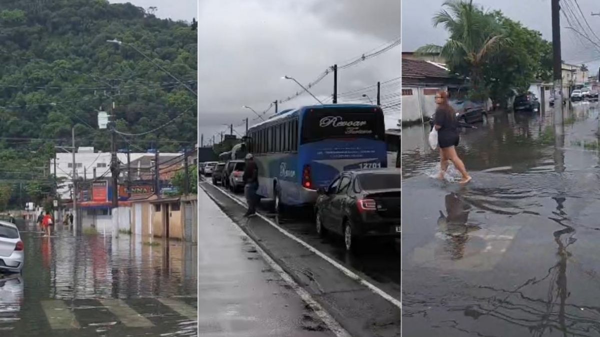 Ruas inundadas durante forte temporal no Litoral de São Paulo afetando o trânsito local