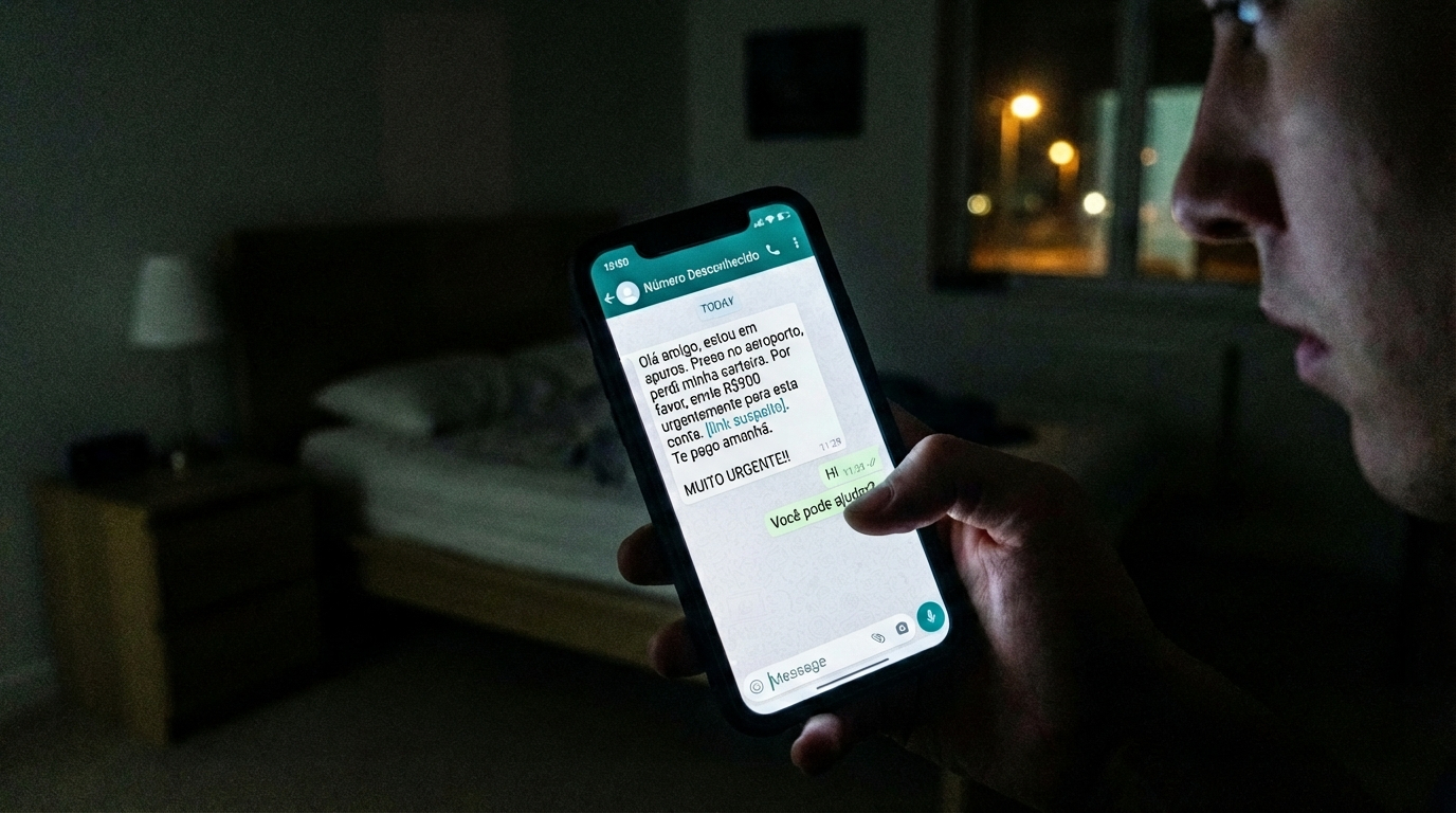 Tela de celular mostrando tentativa de golpe do WhatsApp com pedido de transferência bancária.