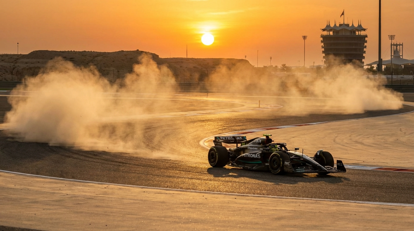 Carro de Fórmula 1 em teste de pré-temporada no Bahrein para a transmissão da Fórmula 1 na Globo.